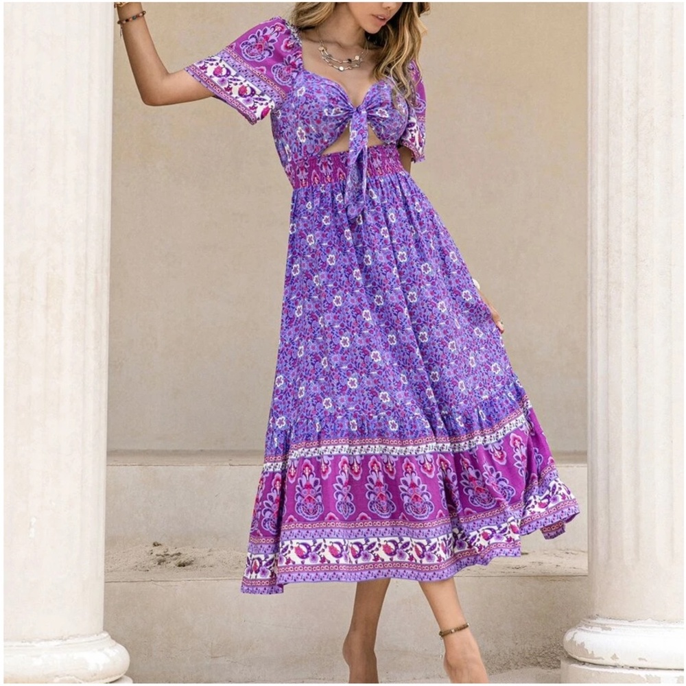 Boho Purple Floral Tie-Front Maxi Dress - Picture 5 of 6